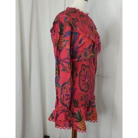 FARM Rio Mini Dress M  Tapestry Tropical Smocked Ruffle…Blush Pink Sunset - Picture 7 of 16
